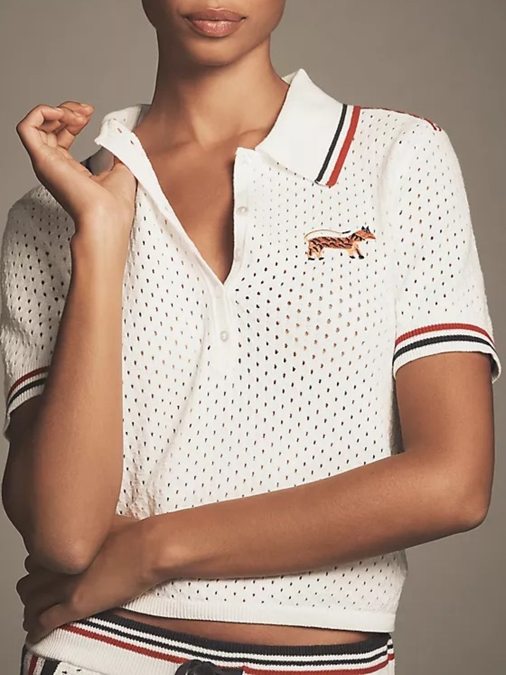 Daily Practice Icon Short-Sleeve Polo Sweater White Eyelet Striped Trim Fox Logo